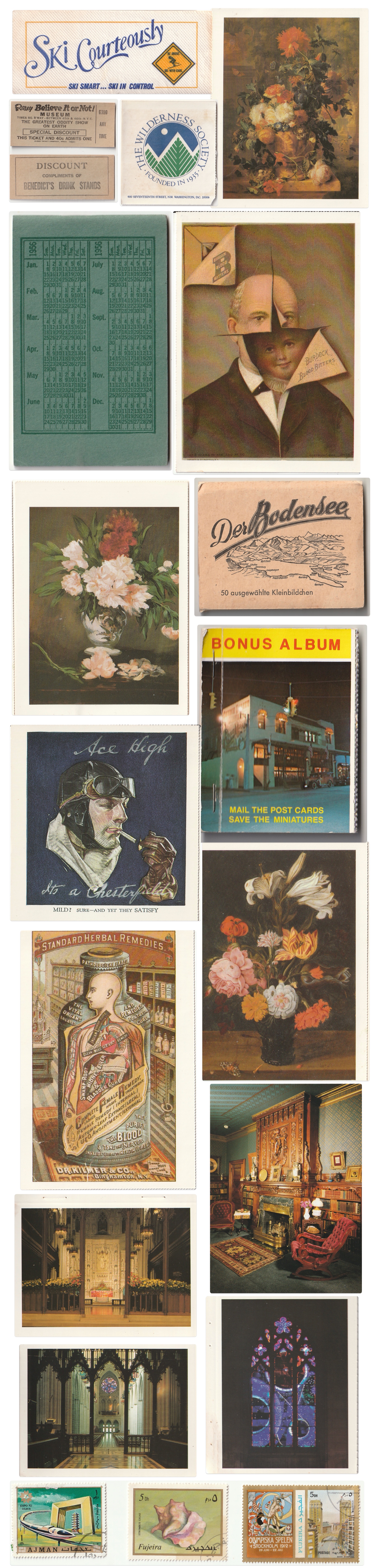 page of vintage paper goods varying from postcards, stamps, stickers and old product almanacs